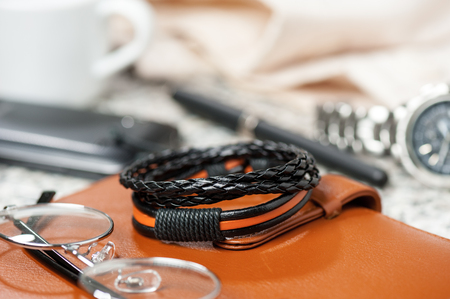 closeup leather bracelets for men, casual style of men accessories.の写真素材
