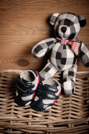 closeup little blue shoes for baby, baby clothing, baby accessoriesの写真素材