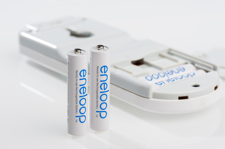 BANGKOK, THAILAND - OCTOBER 07, 2017: The Eneloop AAA rechargeable batteries. Eneloop developed by Sanyo Electric Co., Ltd.(later acquired by Panasonic), introduced in 2005.のeditorial素材