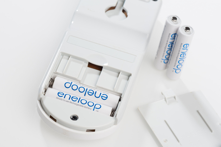 BANGKOK, THAILAND - OCTOBER 07, 2017: The Eneloop AAA rechargeable batteries. Eneloop developed by Sanyo Electric Co., Ltd.(later acquired by Panasonic), introduced in 2005.のeditorial素材