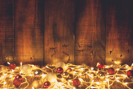 wooden planks with christmas decorations. Christmas and New Year concept.の写真素材
