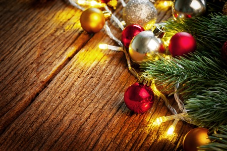 wooden table with fir tree and decorations. Christmas and New Year conceptの写真素材
