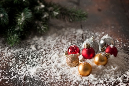 fir tree branches and decorations in Christmas and New Year concept. closeup at decoration ballsの写真素材