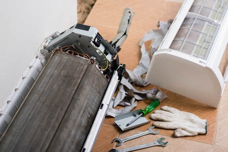 Air conditioning service, repair & maintenance concept. closeup at an indoor unit coil.の写真素材