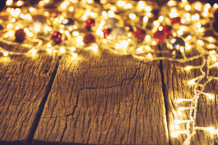wooden planks with christmas decorations. Christmas and New Year concept.の写真素材
