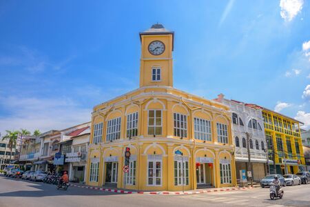 PHUKET, THAILAND - APRIL 19, 2018: Peranakannitat Museum building with clock tower at Phuket town in Phuket, Thailand.のeditorial素材