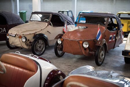 NAKHON PATHOM, THAILAND - APRIL 13, 2018: An unidentifided classic cars exhibited at Jesada Technik Museum. The museum displays many antique vehicles.のeditorial素材