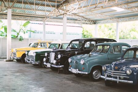 NAKHON PATHOM, THAILAND - APRIL 13, 2018: Many vintage cars exhibited at Jesada Technik Museum. The museum displays many antique vehicles.のeditorial素材