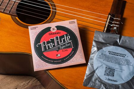 BANGKOK, THAILAND - JULY 03, 2018: Counterfeit D'Addario Pro-Arte classical guitar strings with...