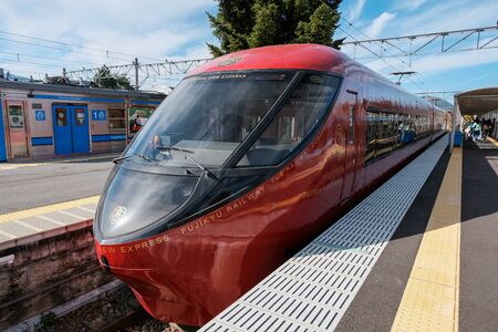 YAMANASHI, JAPAN - OCTOBER 24, 2018: The 8500 series Fujisan view express parking at Kawaguchiko...