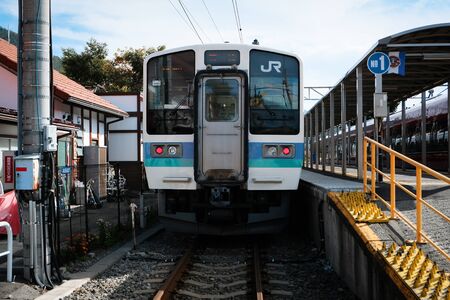 YAMANASHI, JAPAN - OCTOBER 24, 2018: The local train parking at Kawaguchiko Station.
