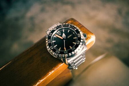 luxury men watch with black dial and stainless steel bracelet.の写真素材