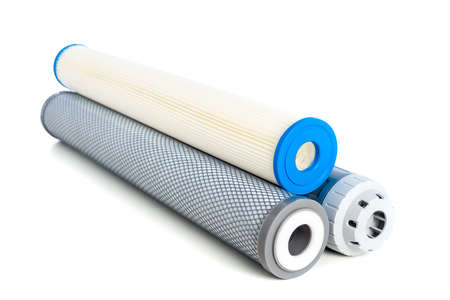 Cartridge for water purifier system isolated over white background. Home water purifier system.の写真素材