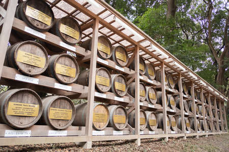 TOKYO, JAPAN - FEBRUARY 19, 2019: Bourgogne Wine for Consecration at Meiji Jingu Shrine located in...