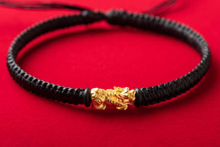 Wealth PiXiu bracelet, closeup at the gold PiXiu. PiXiu is a Chinese mythical auspicious creature, also known as PiYao.の写真素材