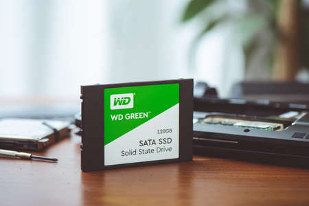 BANGKOK, THAILAND - APRIL 05, 2019: The Western Digital WD Green 120GB Solid State Drive. Western...