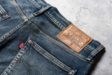 BANGKOK, THAILAND - JUNE 12, 2019: Close up of the details of Levi's Jeans. LEVI'S is a brand name of Levi Strauss and Co, founded in 1853.のeditorial素材