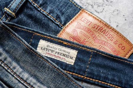 BANGKOK, THAILAND - JUNE 12, 2019: Close up of the details of Levi's Jeans. LEVI'S is a brand name of Levi Strauss and Co, founded in 1853.のeditorial素材