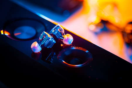 Wired earphones for smartphone and other player. Selective focus on earphone.の写真素材