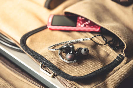 Wired earphones for smartphone and other player. Selective focus on earphone.の写真素材