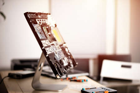 Closeup broken computer waiting to repair. Computer service and repair concept.の写真素材