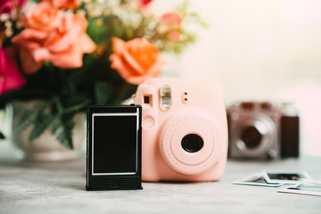 The pink instant camera with blank instant films.の写真素材