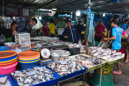 CHONBURI, THAILAND - AUGUST 18, 2019: Fresh raw fish for sale in the local market in Thailand.のeditorial素材