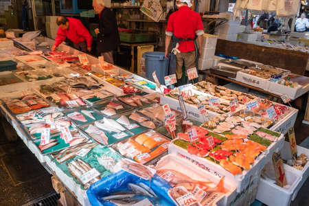 TOKYO, JAPAN - NOVEMBER 06, 2019: Fresh raw seafood in Tsukiji outer market, part of Tsukiji Market located in Tokyo, Japan.のeditorial素材
