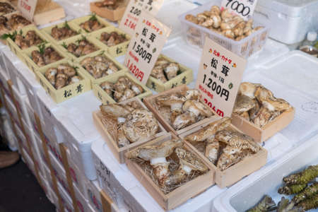 TOKYO, JAPAN - NOVEMBER 06, 2019: Fresh mushroom sell in Tsukiji Market.のeditorial素材