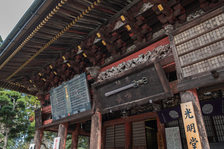 CHIBA, JAPAN - NOVEMBER 03, 2019: Close up details of ancient building in Naritasan Shinshoji Temple located in central Narita, Chiba, Japan.のeditorial素材