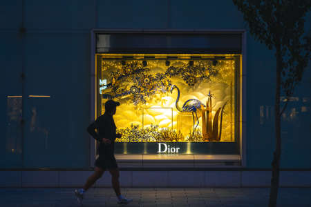 TOKYO, JAPAN - NOVEMBER 06, 2019: Christian Dior boutique display windows at Christian Dior building in Ginza, Tokyo, Japan. Christian Dior is luxury fashion store.のeditorial素材
