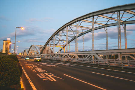 GUNMA, JAPAN - NOVEMBER 04, 2019: Beautiful old steel bridge in Maebashi. Maebashi is a city in the Kanto region of central Japan.のeditorial素材