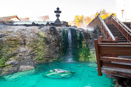 GUNMA, JAPAN - NOVEMBER 05, 2019: Yubatake Onsen, hot spring wooden boxes with mineral water in Kusatsu, Gunma, Japan. The Yubatake is used to cool down the hot spring water.のeditorial素材