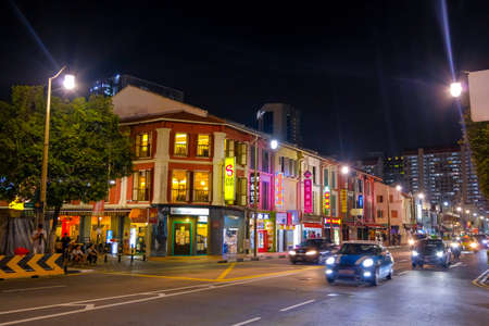 SINGAPORE - MAY 10, 2019: The building around Chinatown at night in Singapore.のeditorial素材