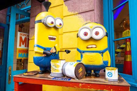 SINGAPORE - MAY 10, 2019: Statue of Minion at Minionmart in  Universal Studios Singapore. Universal Studios is famous theme park located on Sentosa Island, Singapore.のeditorial素材
