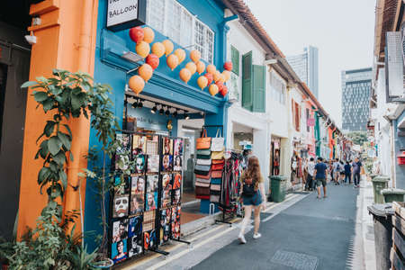 SINGAPORE - MAY 12, 2019: Tourist at Haji Lane in Singapore. Haji Lane is the famous boutique shopping lane in Singapore.のeditorial素材
