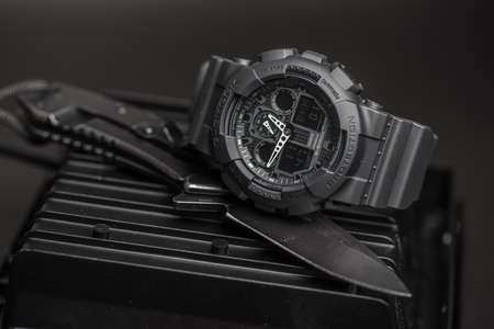 BANGKOK, THAILAND - JANUARY 09, 2020: Casio G-Shock model GA-100-1A1, black sports wristwatch....