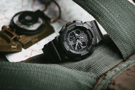BANGKOK, THAILAND - JANUARY 09, 2020: Casio G-Shock model GA-100-1A1, black sports wristwatch....