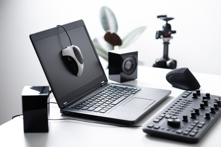 Monitor calibration by using external calibrator to ensure color is displayed correctly.の写真素材