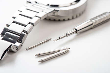Close up fork end of watch spring bar tool. Spring bar tool used to remove spring bars to change...