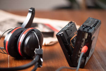 The vintage audio cassette tape, analog magnetic tape format for audio recording and playback.の写真素材