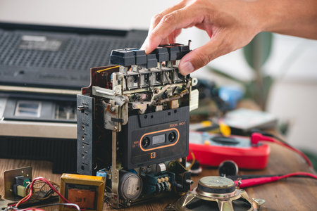 Technician repairing an old radio cassette recorder.の写真素材