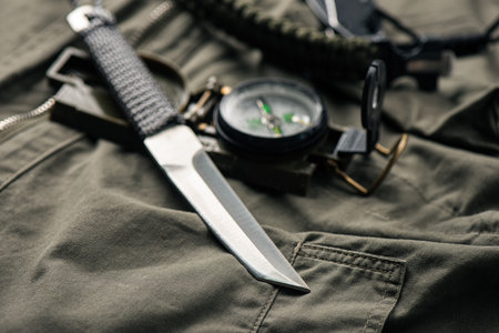 Close up stainless steel pocketknife with Tanto blade. EDC (Every Day Carry) for men.の写真素材