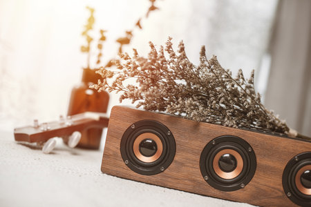 Relaxing concept, Close up portable speaker for music listening on the desk with dried flowers.の写真素材