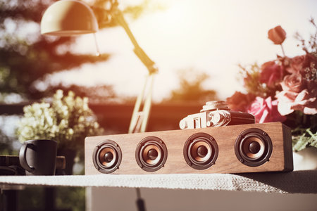 Relaxing concept, Close up portable speaker with vintage design.の写真素材