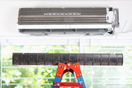 Close up dirty on air conditioner blower fan. Maintaining the air conditioner concept.の写真素材