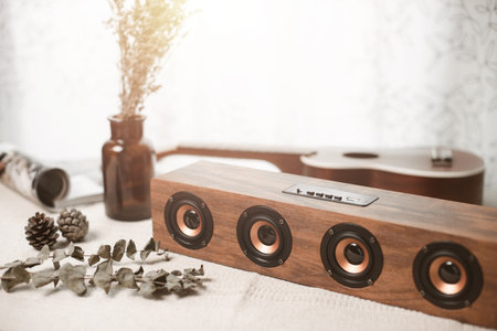 Relaxing concept, Close up portable speaker for music listening on the desk with dried flowers.の写真素材