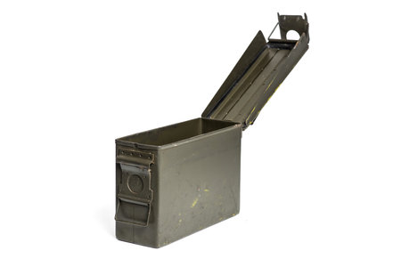 Old green ammunition box isolated over white background.の写真素材