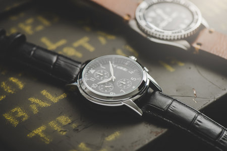Close up black dial military style wristwatch with black leather watch band. Wristwatch for men with...