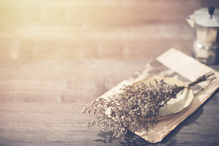 Rustic scene background, selective focus on dried Caspia flowers.の写真素材